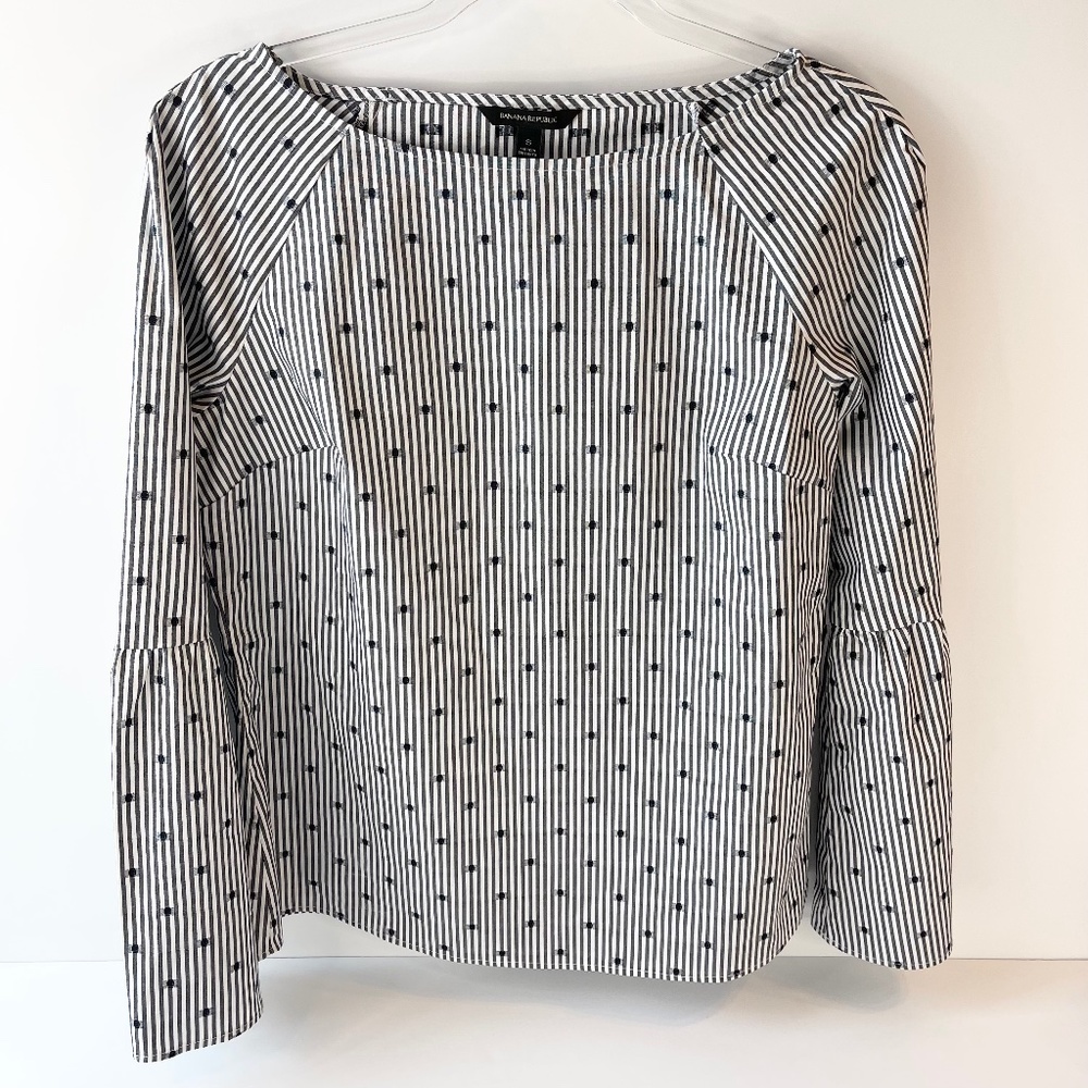 Banana Republic Blouse Navy Dots and Stripes Flare Sleeve Women’s Size Small